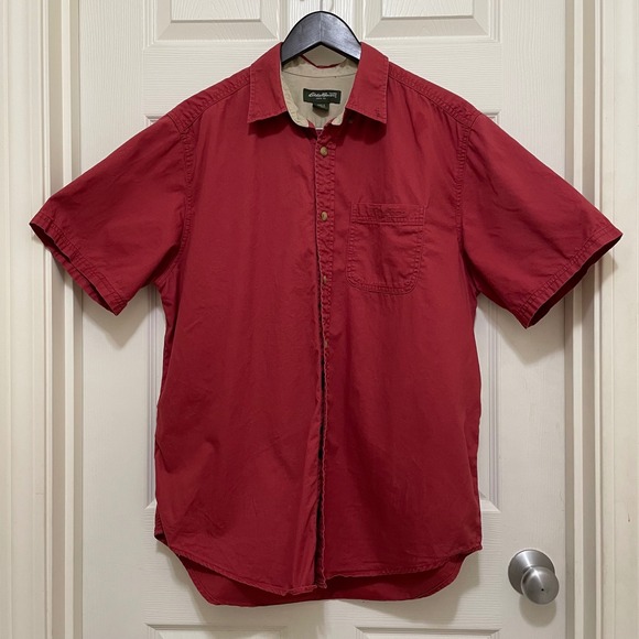 Eddie Bauer Other - Eddie Bauer Short Sleeve Button Up‎ Shirt Brick Red Cotton Khaki Large 90s